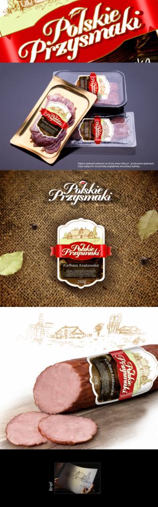 Kolaż przedstawiający wizualizację marki 'Polskie Przysmaki': opakowania w folii i na tackach, logo na jutowym tle, plasterki kiełbasy na drewnianej desce, projekt graficzny marki.