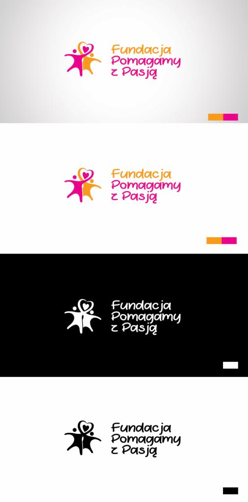 Cztery warianty logo Fundacji Pomagamy z Pasją: kolorowe (różowo-pomarańczowe) na jasnym tle, kolorowe na białym tle, czarno-białe na czarnym tle i czarno-białe na białym tle. Logo przedstawia dwie...