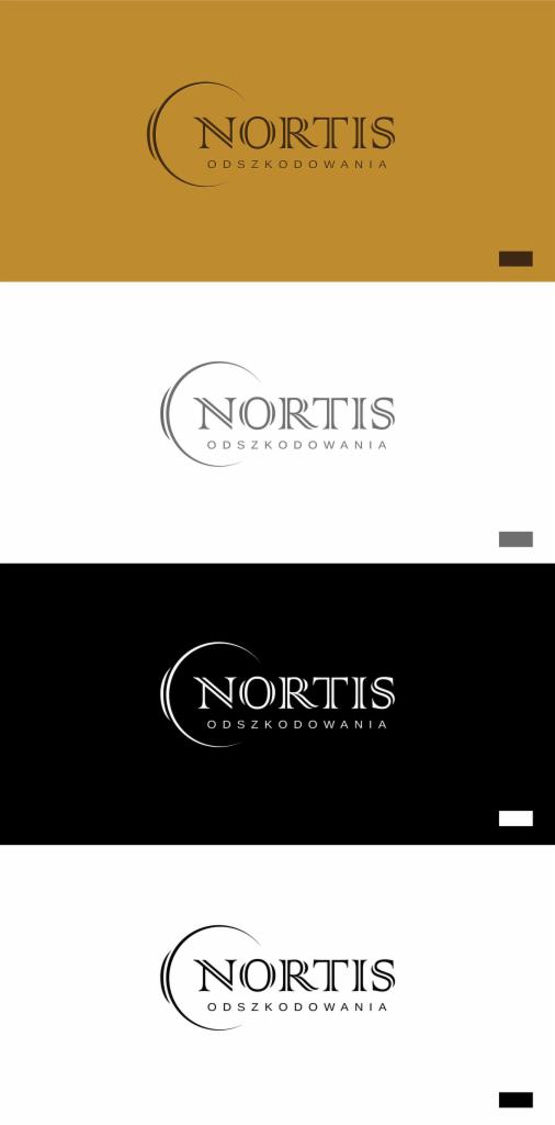 Cztery warianty logo firmy Nortis Odszkodowania na różnych tłach: złoty, szary, czarny i biały. Logo składa się z nazwy firmy umieszczonej wewnątrz półokręgu.