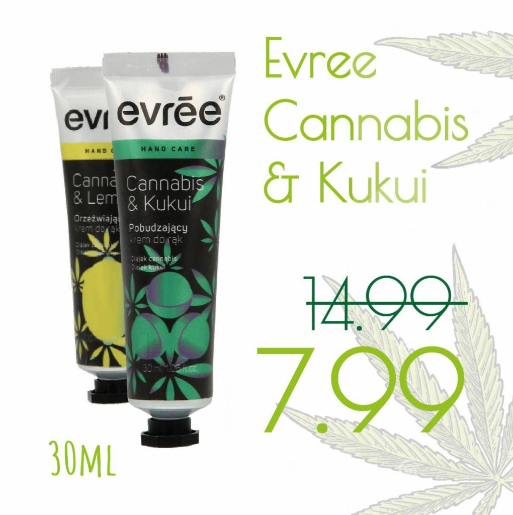 Dwa opakowania kremu do rąk Evree Cannabis & Kukui o pojemności 30 ml, jedno z motywem cytryny, drugie z motywem liści konopi, na białym tle z ceną promocyjną.