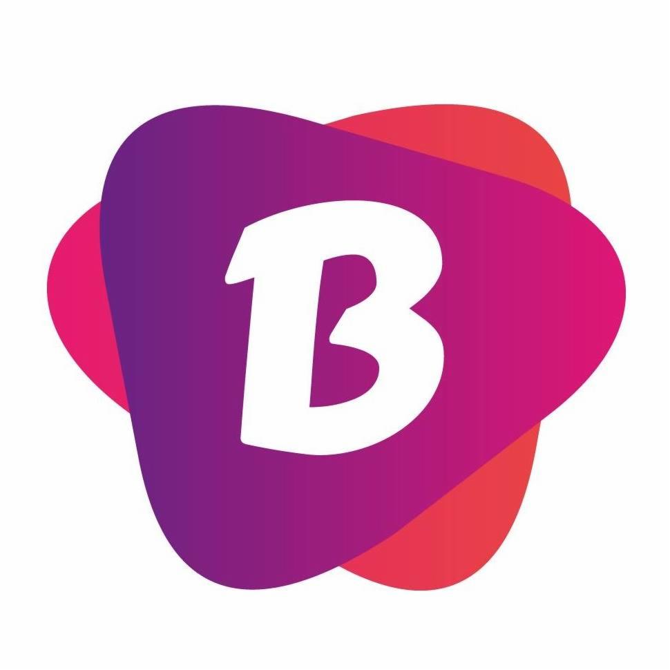 Logo z białą literą B na tle abstrakcyjnych, fioletowo-czerwonych kształtów.