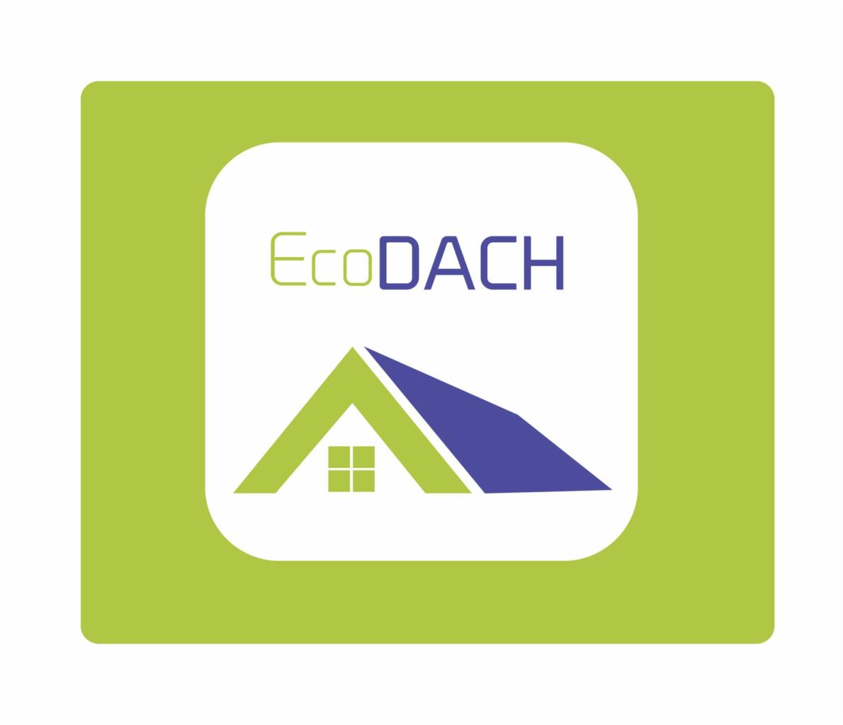 Logo firmy EcoDACH z motywem zielonego domu z niebieskim dachem, umieszczone na zielonym kwadracie z zaokrąglonymi rogami.
