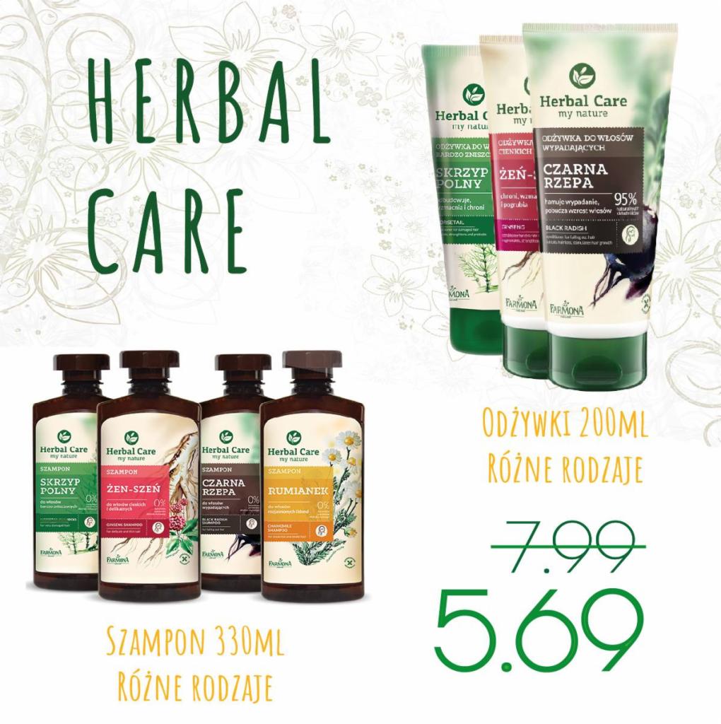 Zestaw szamponów i odżywek Herbal Care, różne rodzaje, w tym skrzyp polny, żeń-szeń, czarna rzepa i rumianek, widoczne ceny promocyjne.
