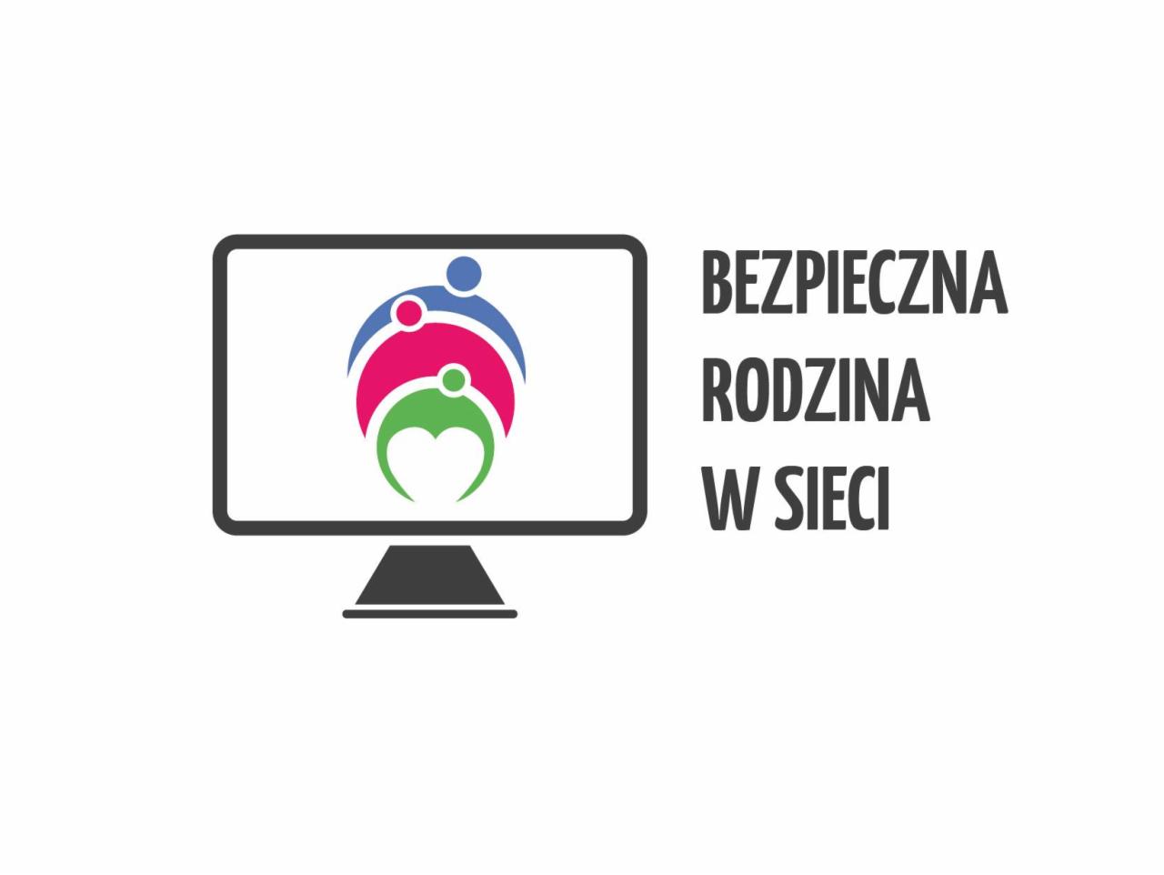 Logo przedstawiające monitor z symbolem rodziny (niebieski, różowy, zielony) wewnątrz ekranu, obok napis 'BEZPIECZNA RODZINA W SIECI' w kolorze szarym.