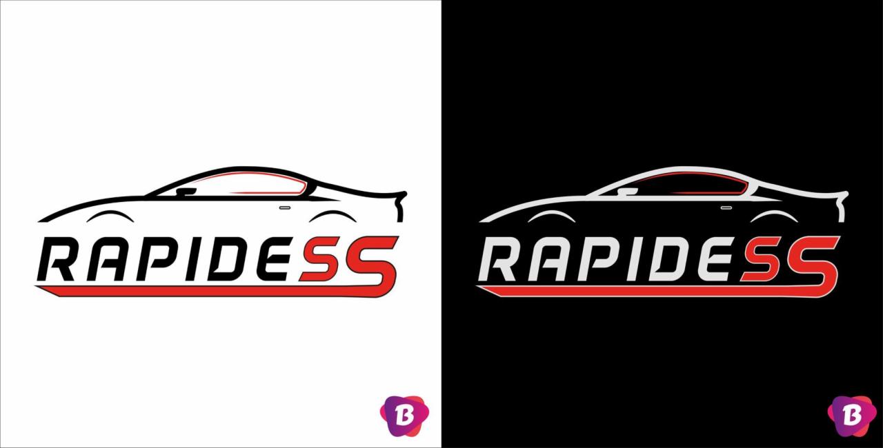 Logo firmy z abstrakcyjnym zarysem samochodu sportowego i napisem 'RAPIDESS' na białym i czarnym tle.