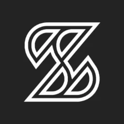 Abstrakcyjne logo w kształcie litery S utworzone z białych, zaokrąglonych linii na czarnym tle.