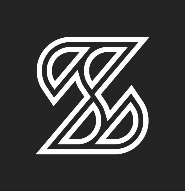 Abstrakcyjne logo w kształcie litery S utworzone z białych, zaokrąglonych linii na czarnym tle.