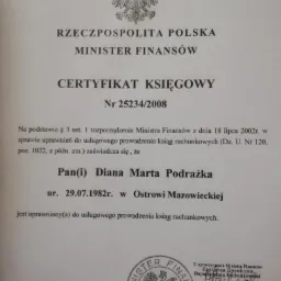 Skan certyfikatu księgowego wydanego przez Ministra Finansów Rzeczypospolitej Polskiej, numer 25234/2008, potwierdzający uprawnienia do usługowego prowadzenia ksiąg rachunkowych dla Pani Diany...