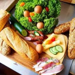 Drewniana deska z przygotowanymi składnikami do kanapek: bagietki, sałata, jajka, wędlina, ser, ogórek i pomidorki koktajlowe.