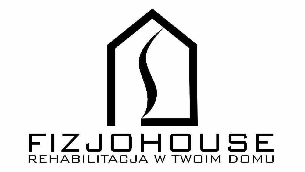 Logo firmy FIZJOHOUSE z hasłem 'Rehabilitacja w Twoim Domu', przedstawiające stylizowany dom z falistą linią wewnątrz.
