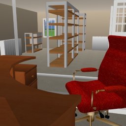 LCITB Tymoteusz Wiśniowski - Wnętrze biura w Słupczy: brązowe biurko z szufladami, czerwone krzesło obrotowe i regały na tle okna. Wizualizacja 3D z elementami wykończenia.