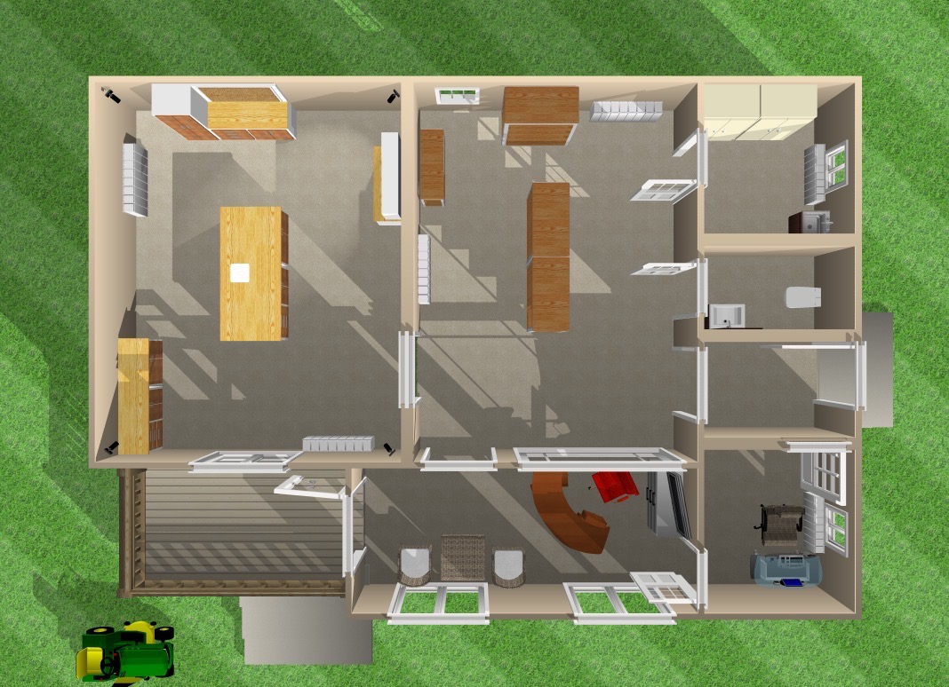 Widok z góry na plan domu z umeblowaniem, ukazujący układ pomieszczeń, rozmieszczenie mebli i okien. Na zewnątrz widoczny trawnik i zabawkowy traktor.