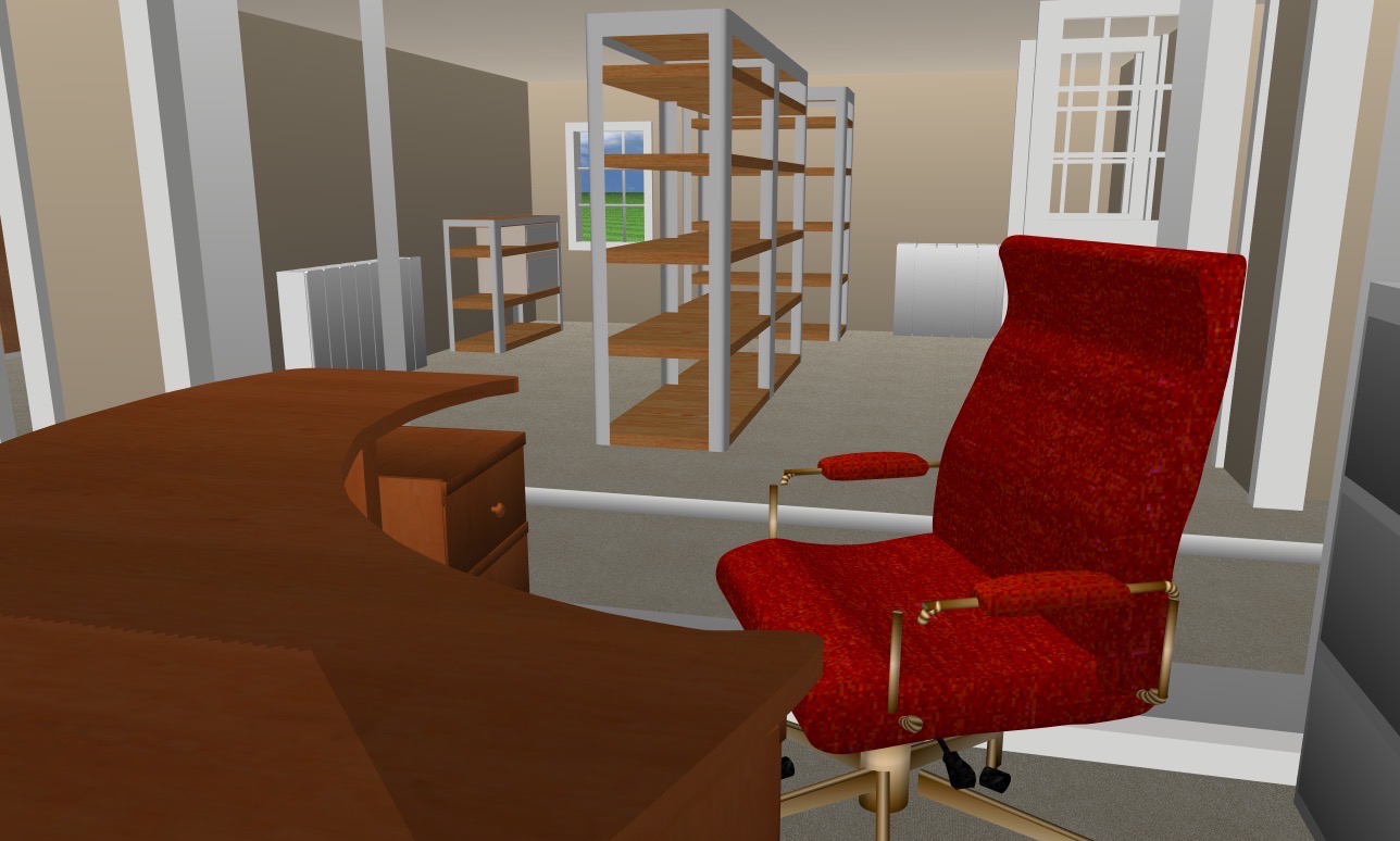 Wnętrze biura w Słupczy: brązowe biurko z szufladami, czerwone krzesło obrotowe i regały na tle okna. Wizualizacja 3D z elementami wykończenia.