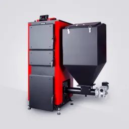 Nowoczesny, czerwono-szary piec na paliwo stałe marki Pawlak z podajnikiem ślimakowym w studio na białym tle.