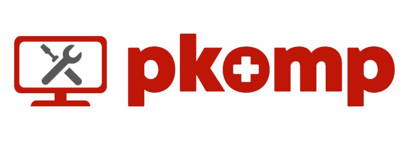 Czerwono-szare logo firmy 'pkomp' z symbolem monitora z narzędziami w lewym górnym rogu.