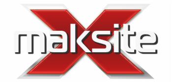 Logo firmy Maksite z czerwonym znakiem X w tle i białym napisem z cieniem.