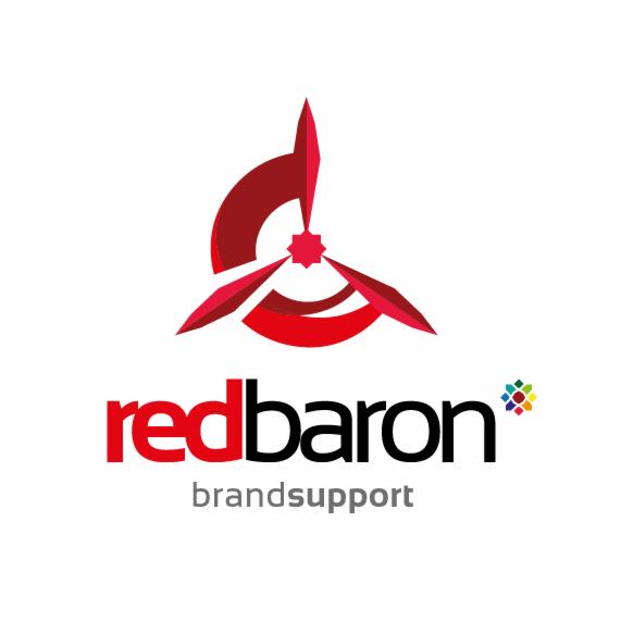 Logo firmy Red Baron brandsupport z abstrakcyjnym symbolem w kolorze czerwonym przypominającym śmigło i wielobarwną gwiazdką.