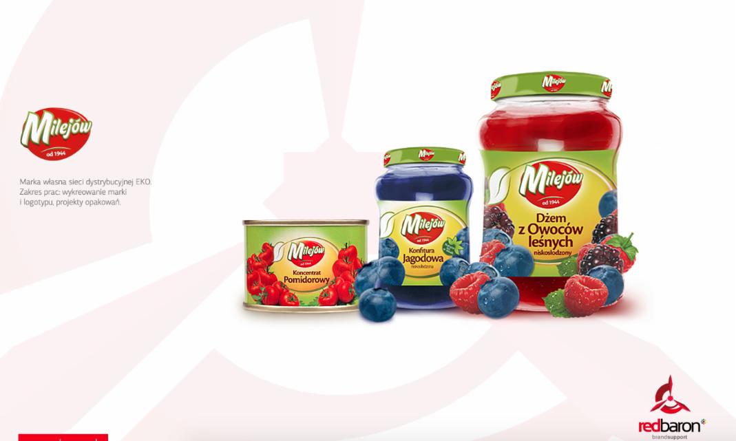 Prezentacja wizualizacji marki Milejów: dżem z owoców leśnych, konfitura jagodowa, koncentrat pomidorowy w puszce, otoczone świeżymi jagodami i malinami na białym tle z logo Red Baron w prawym...