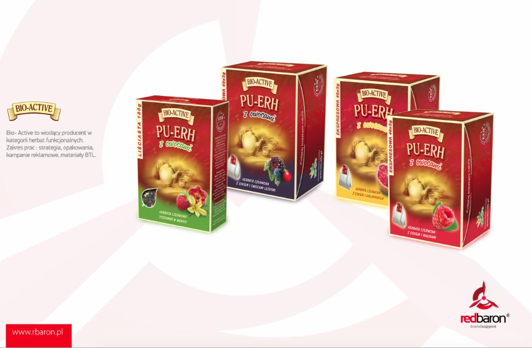 Opakowania herbaty Bio-Active Pu-Erh z owocami w różnych wariantach smakowych, prezentowane na białym tle z logo Red Baron.