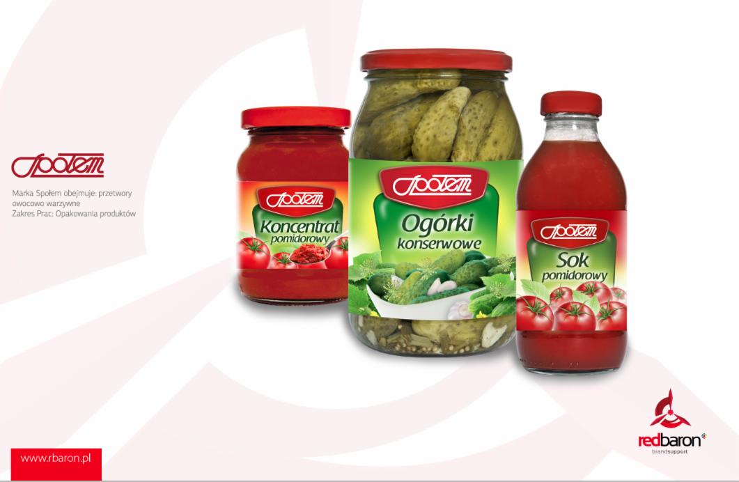 Kompozycja trzech produktów marki Społem: koncentrat pomidorowy w słoiku, ogórki konserwowe w słoiku oraz sok pomidorowy w butelce, ustawione na białym tle z elementami graficznymi firmy Red Baron.