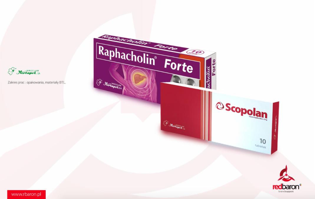 Dwa pudełka leków: fioletowe Raphacholin Forte z grafiką wątroby i czerwono-białe Scopolan, na białym tle z logo firmy Red Baron.