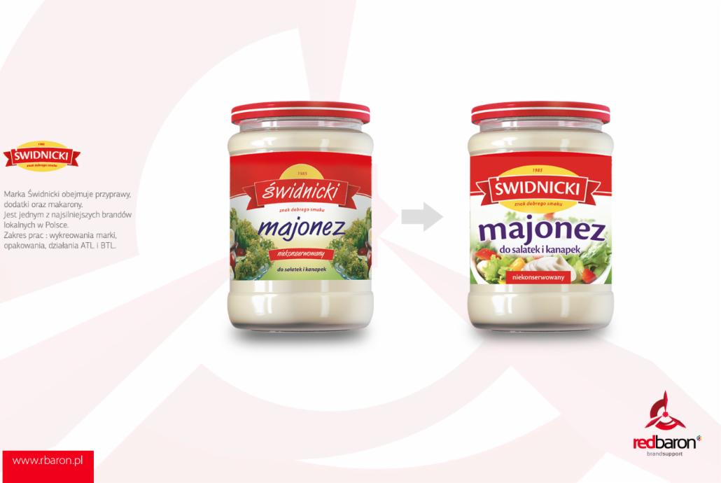 Porównanie etykiet słoika majonezu Świdnicki przed i po rebrandingu, z widocznym logo agencji Red Baron.