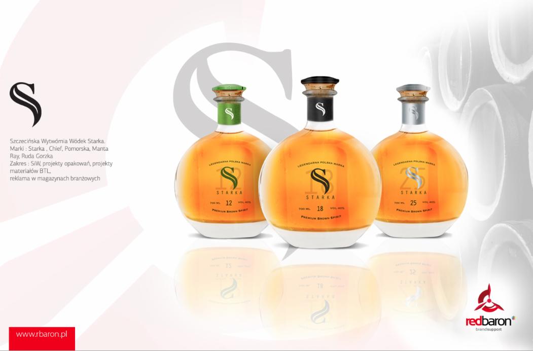 Grafika reklamowa prezentująca trzy butelki Starki w różnych wariantach wiekowych (12, 18, 25 lat), z logo producenta i informacjami o produkcie na etykietach, na jasnym tle z elementami graficznymi.