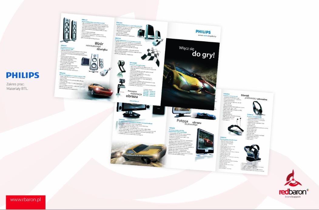 Rozkładówka reklamowa Philips prezentująca sprzęt audio-wideo, z motywem wyścigów samochodowych i hasłem 'Włącz się do gry!'