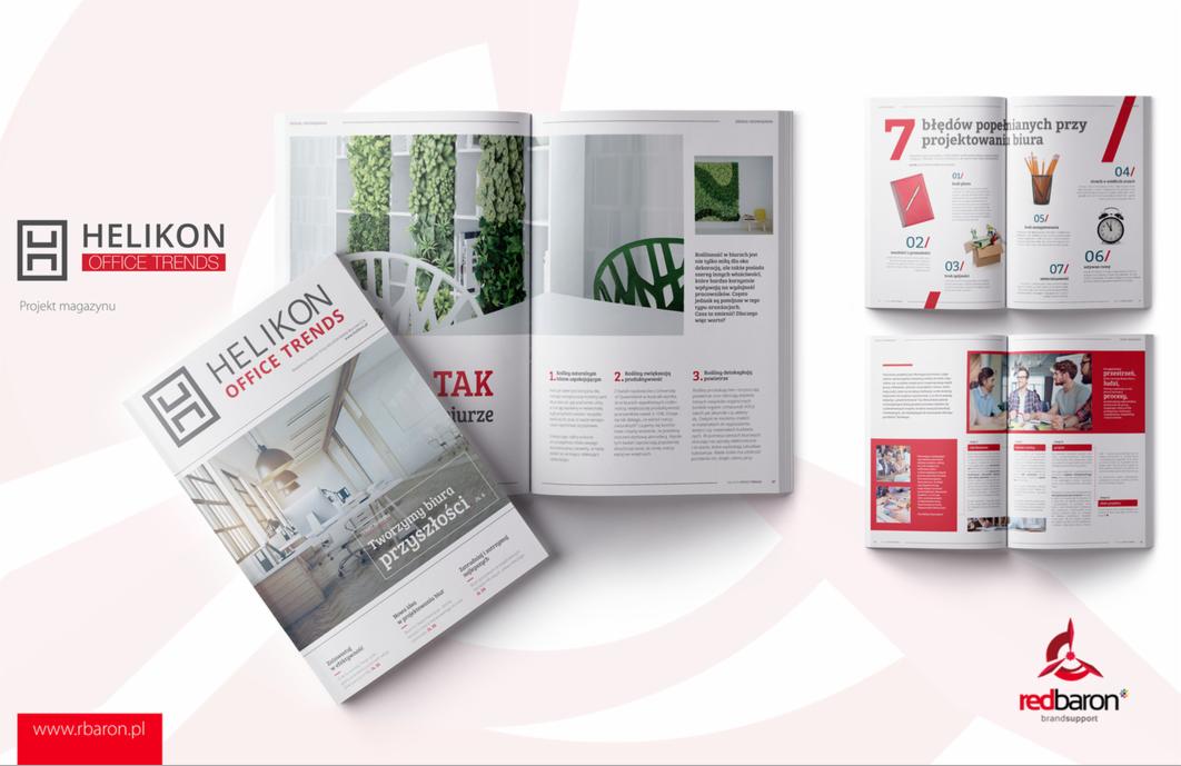 Rozłożony magazyn 'Helikon Office Trends' z artykułami o projektowaniu biur, widoczny układ stron z aranżacjami wnętrz, roślinami i zespołem w trakcie pracy.