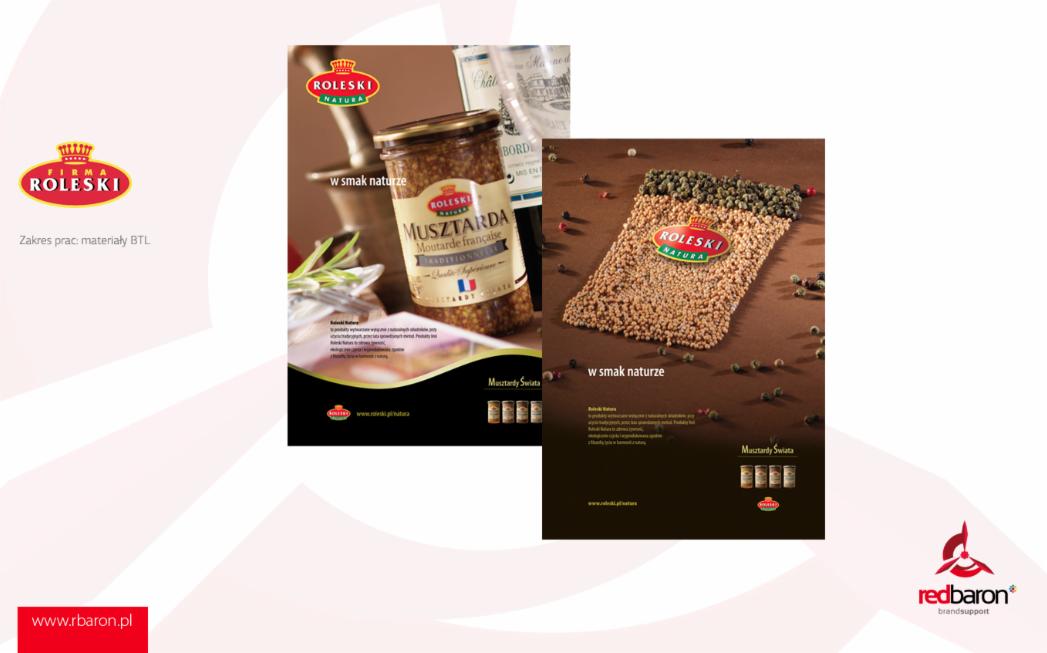 Projekt materiałów reklamowych z logo Roleski Natura, prezentujący różne rodzaje musztardy w słoikach i w formie graficznej z ziarnami gorczycy i pieprzem.