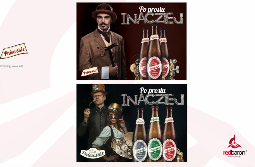 Dwa ujęcia reklamowe piwa Pniewskie w stylistyce steampunk, z mężczyznami i kobietą w kostiumach, butelkami piwa i elementami mechanicznymi w tle, oraz logo marki.