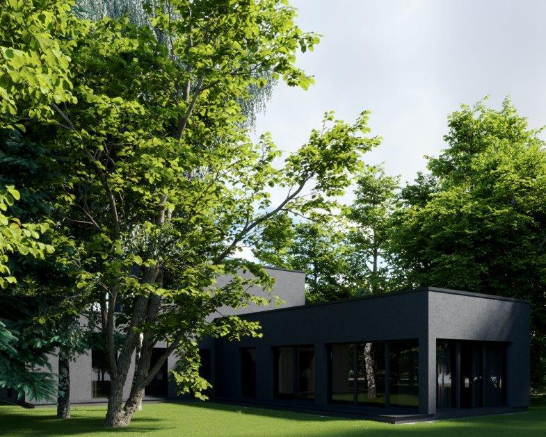 Nowoczesny, czarny budynek z dużymi oknami, otoczony zielenią drzew i trawnikiem, widok z poziomu trawy, render architektoniczny.