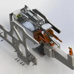 Wizualizacja 3D metalowej konstrukcji mechanicznej z elementami pneumatycznymi, widoczne śruby mocujące, na jasnym tle.