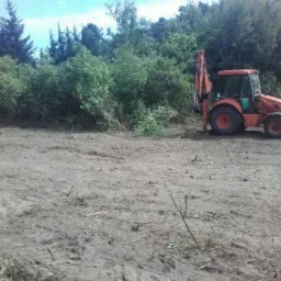 Pomarańczowa koparko-ładowarka stoi na wyrównanym, brudnym terenie z resztkami ściętej roślinności, w tle widoczne krzewy i drzewa.