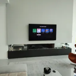 Nowoczesny salon z minimalistycznym kominkiem pod wiszącym telewizorem, szary dywan i marmurowy stolik kawowy.