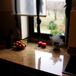 Polerowany blat o brązowo-beżowej barwie z widocznymi ziarnami, na nim misa z owocami, dekoracyjna roślina w metalowej doniczce, dwie czerwone figurki domków, okno z widokiem na ogród.