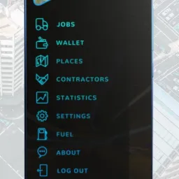 Ekran smartfona prezentujący interfejs aplikacji mobilnej dla kierowców z menu zawierającym opcje: Jobs, Wallet, Places, Contractors, Statistics, Settings, Fuel, About, Log Out oraz pole Username...