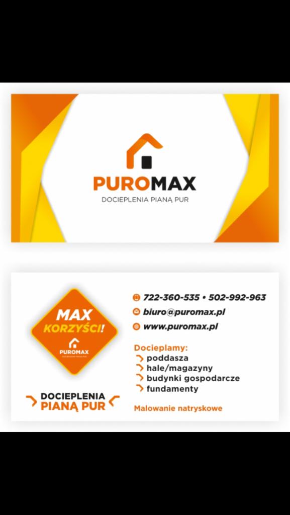 Wizytówka firmy Puromax specjalizującej się w dociepleniach pianą PUR, prezentująca logo, dane kontaktowe i zakres usług, w tym docieplenia poddaszy, hal, budynków gospodarczych i fundamentów...