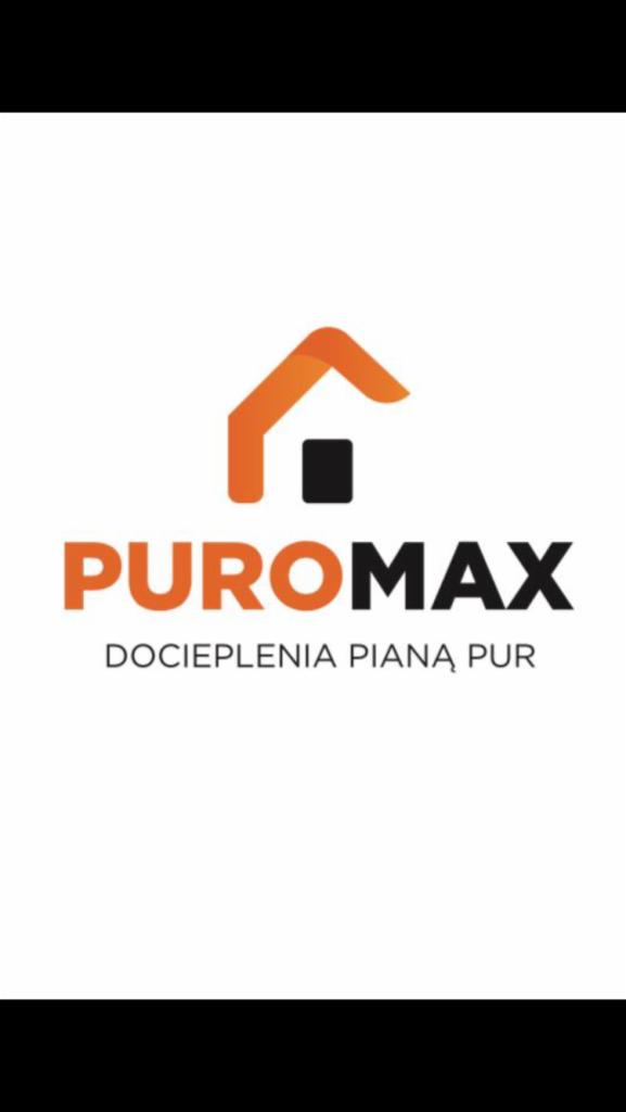Logo firmy PUROMAX z pomarańczowym symbolem domu i napisem 'DOCIEPLENIA PIANĄ PUR' poniżej.
