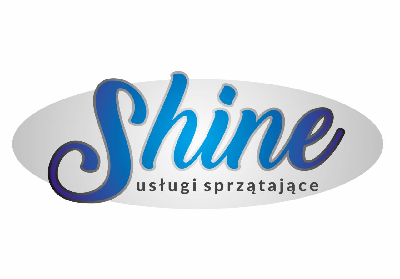Logo firmy 'Shine usługi sprzątające' w owalnej ramce, z napisem w kolorze niebieskim i szarym.