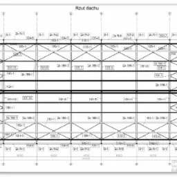 Techniczny rysunek rzutu dachu stalowej konstrukcji z oznaczeniami elementów i wymiarami, sporządzony w programie CAD.