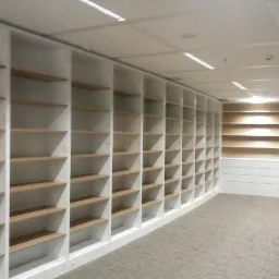 Długa ściana z białymi regałami z jasnymi drewnianymi półkami w pustym pomieszczeniu biurowym z szarą wykładziną.