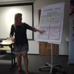 Trenerka prezentuje kalendarz emocji i feedbacku na flipcharcie podczas zajęć. Widoczne notatki dotyczące wiosennych emocji, letniego czasu, jesiennych nastrojów i zimowych refleksji. Kobieta...