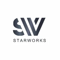 Logo firmy Starworks z stylizowanymi literami SW w kolorze grafitowym na białym tle.