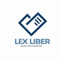 Logo firmy 'Lex Liber Biuro Rachunkowe' w odcieniach niebieskiego, przedstawiające stylizowany dokument w kształcie rombu z trzema poziomymi liniami.