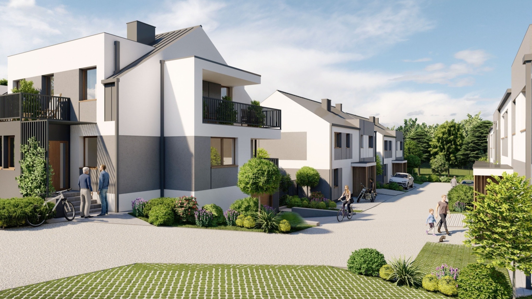 Wizualizacja osiedla domów szeregowych z balkonami, dwukolorową elewacją (biało-szarą), z widocznymi mieszkańcami, rowerami i zadbaną zielenią.