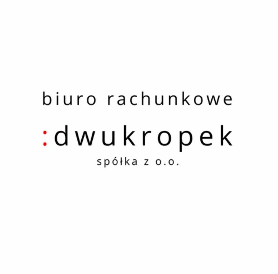 Logo firmy: 'biuro rachunkowe :dwukropek spółka z o.o.' na białym tle.
