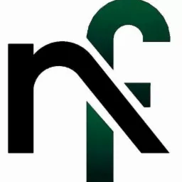 Abstrakcyjne logo firmy: czarna litera 'n' nakładająca się na zieloną literę 'f' z gradientem.