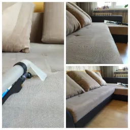 Proces czyszczenia narożnika tapicerowanego beżową tkaniną, widoczne efekty przed i po, oraz dysza odkurzacza piorącego z niebieską rurką doprowadzającą wodę.