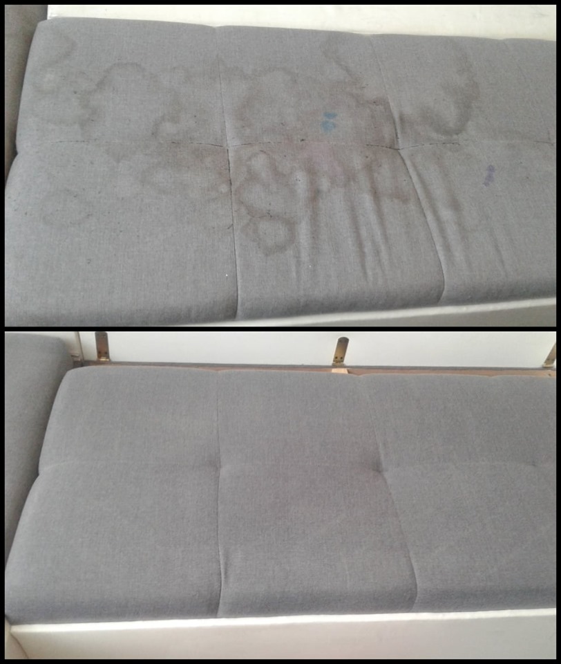 Porównanie stanu kanapy przed i po czyszczeniu: widoczne liczne plamy na szarym materiale przed, a po czyszczeniu jednolita, czysta powierzchnia.